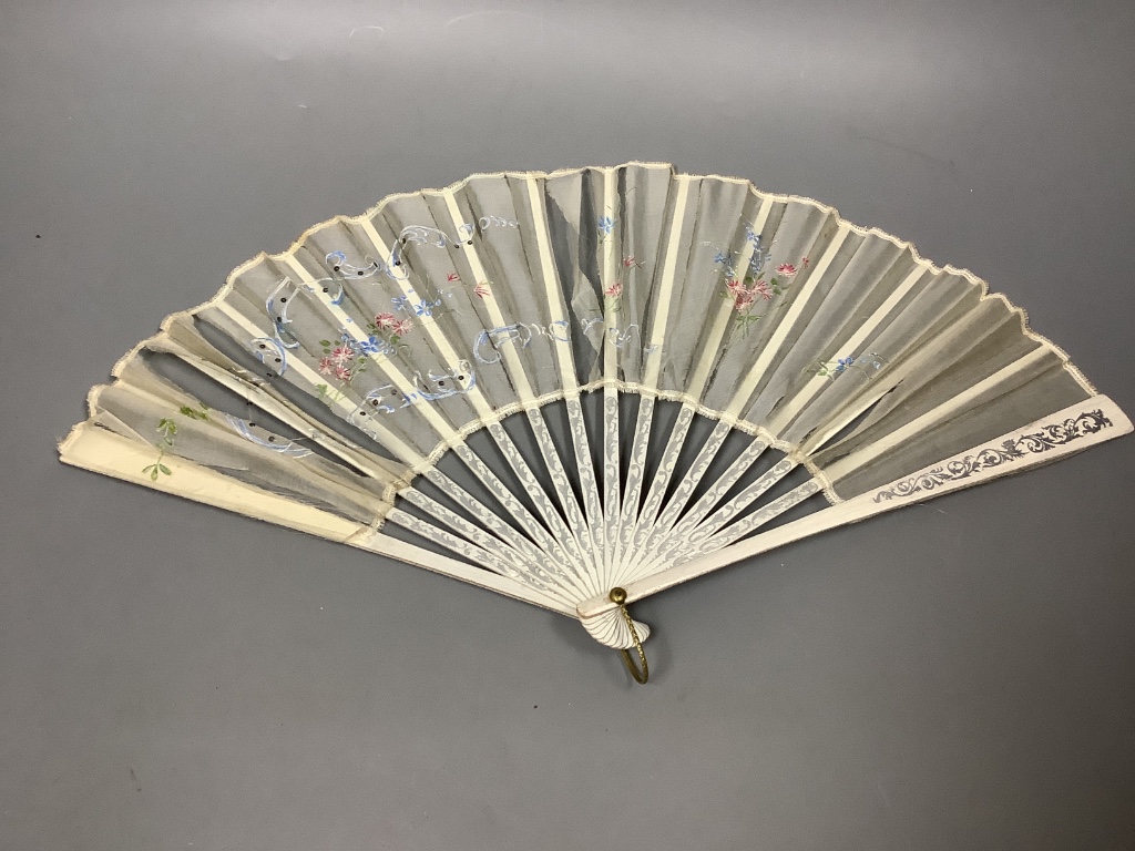 A Brussels lace and ivory fan and four fans
